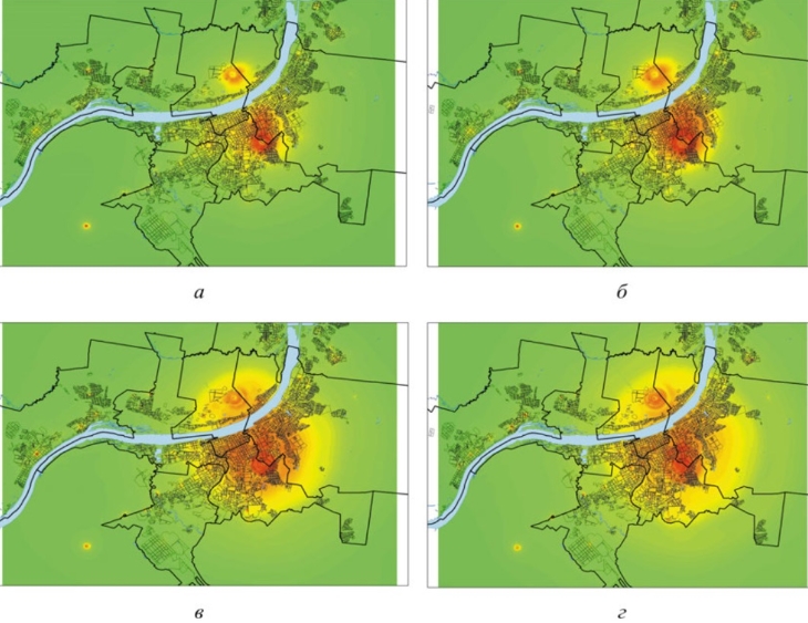 Уровень электромагнитного поля на территории г. Перми на разных высотах от поверхности земли: а – 3 м; б – 6 м; в – 18 м; г – 30 м.